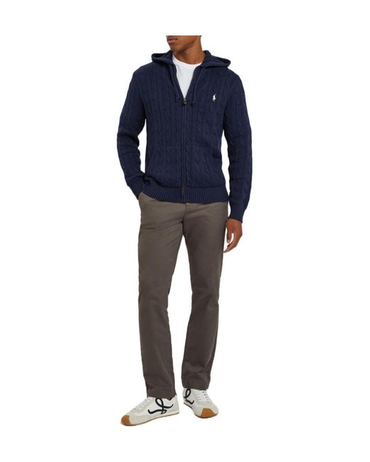Polo Ralph Lauren Blue Logo-Embroidered Hooded Cable-Knit Cotton Jumper for men