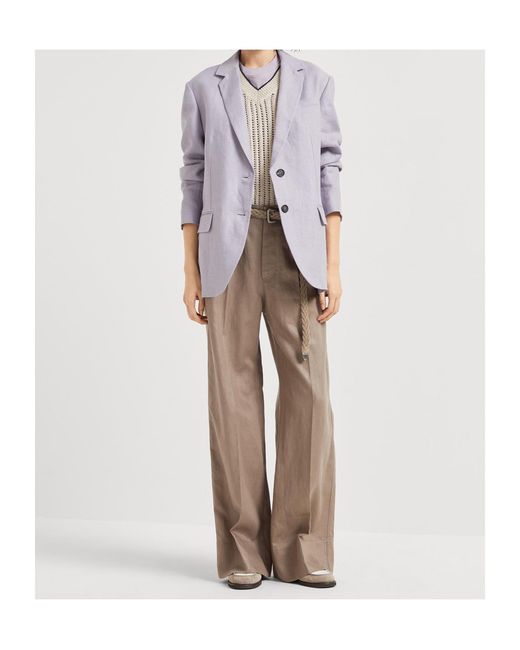 Brunello Cucinelli Natural Pleated Wide-Leg Trousers