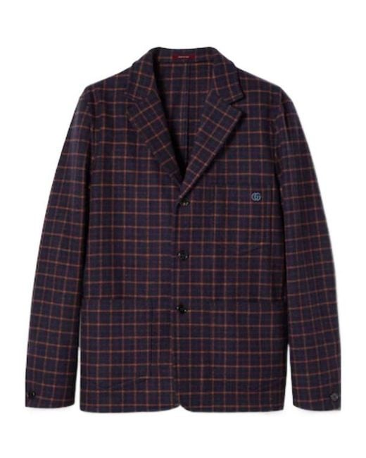 Gucci Blue Single-Breast Check Wool Jacket for men