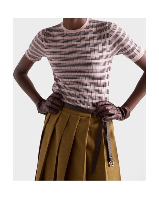 Prada Pink Short-Sleeved Striped Cashmere And Silk Sweater