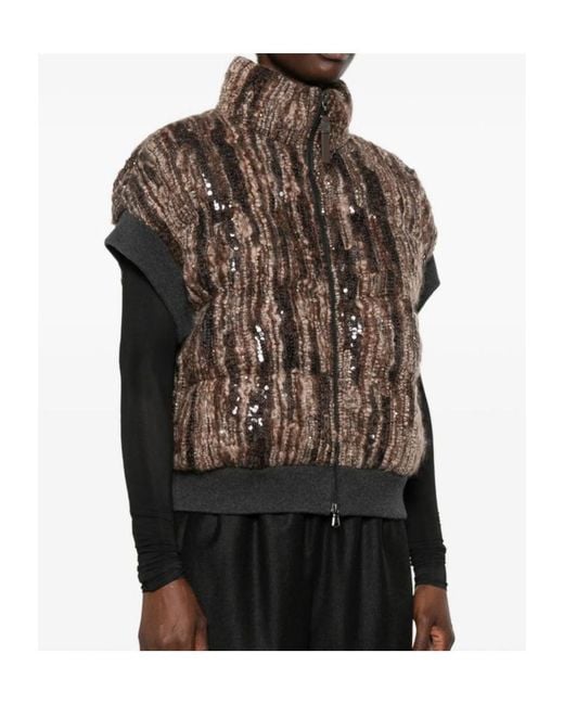 Brunello Cucinelli Brown Sequin-Embellished Sleeveless Gilet