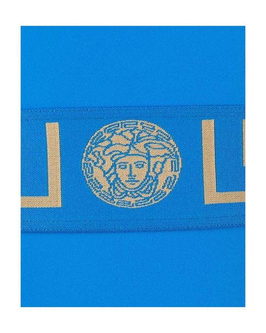 Versace Blue Greca-Waistband Sleeveless Swimsuit