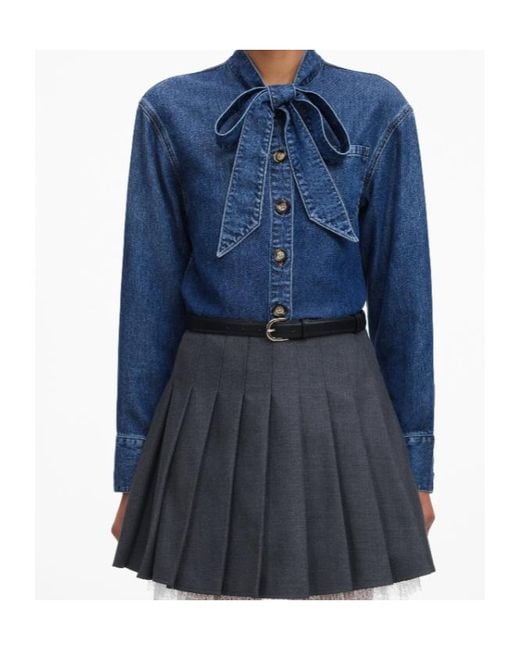 Self-Portrait Blue Pussy-Bow Buttoned Shirt
