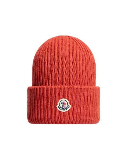 Moncler Red Logo Patch Ribbed Beanie for men