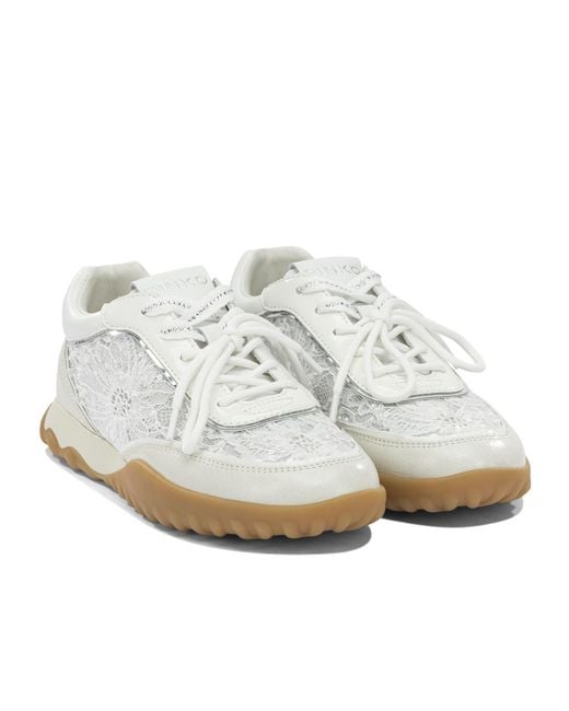 Pinko White Lace-Panelled Sequin-Embellished Sneakers