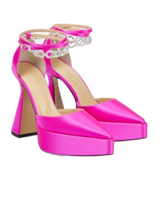 Mach & Mach Pink Bow Chain Embellished Satin Platform Pumps