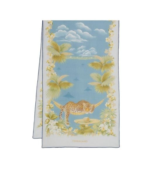 Ferragamo Blue Jungle Print Silk Scarf