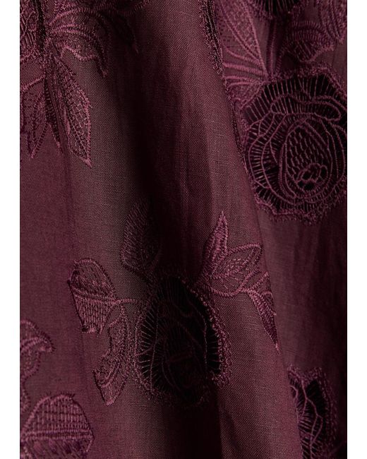 Self-Portrait Purple Floral-Embroidered Belted Linen And Cotton-Blend Midi Dress