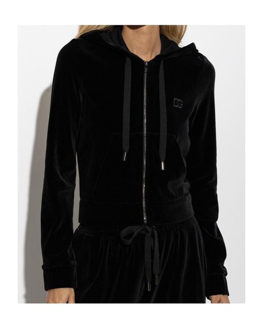 Dolce & Gabbana Black Logo Embroidered Velvet Hoodie