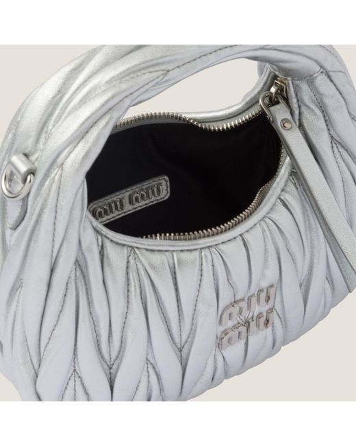 Miu Miu Gray Miu Wander Matelassé Nappa Leather Hobo Mini-Bag