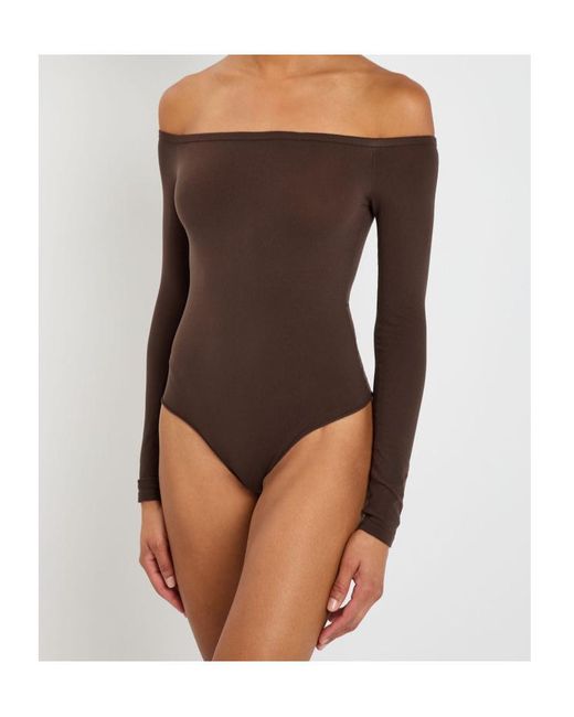 Alaïa Brown Off-The-Shoulder Stretch-Nylon Bodysuit