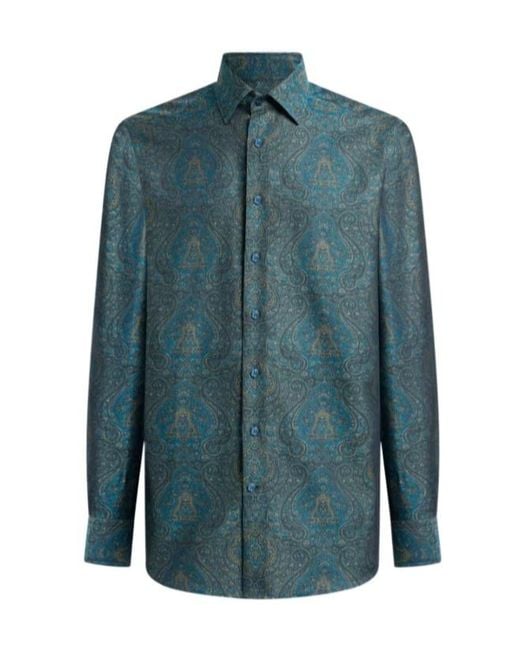 Etro Blue Cotton Jacquard Shirt With Ornamental Motif for men