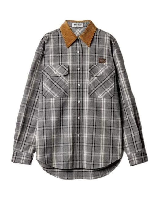 トップス archive miumiu long sleeve checked shirt Miu Miu Checked Flannel Shirt in Gray | Lyst