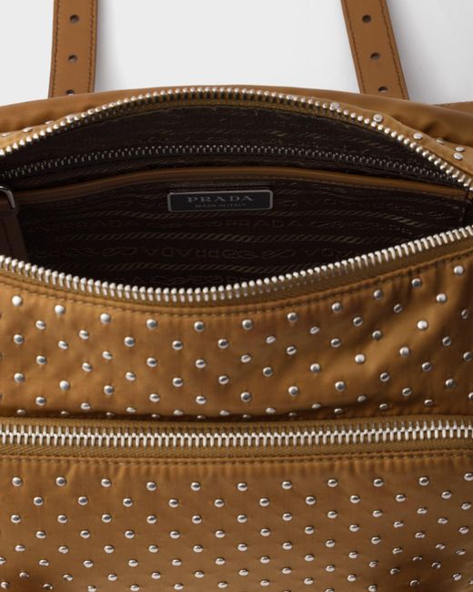 Prada Brown Re-Nylon Shoulder Bag With Studs