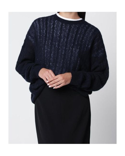 Lisa Yang Blue Cream Cable-Knit Amabel Cashmere-Silk Sweater