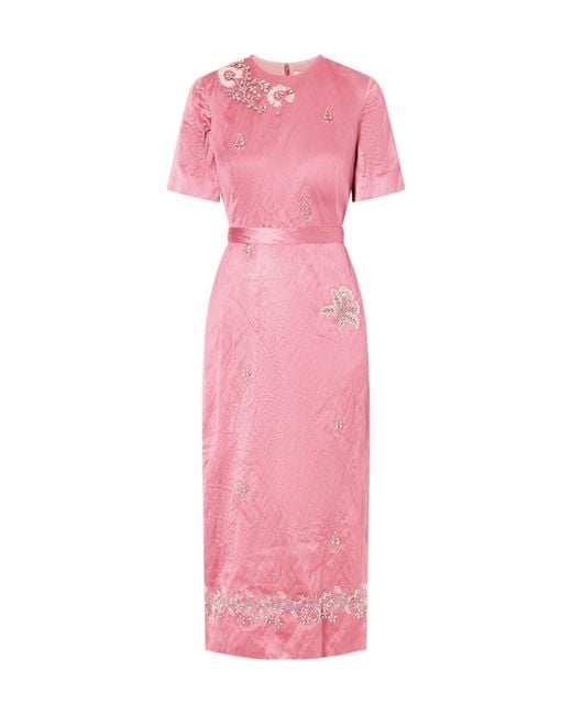 Erdem Pink Embellished Crinkled-Satin Midi Dress