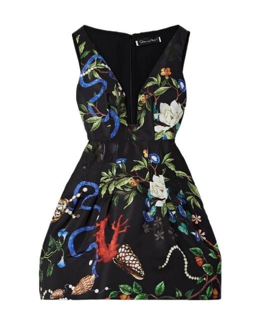 Oscar de la Renta Black Printed Satin Mini Dress