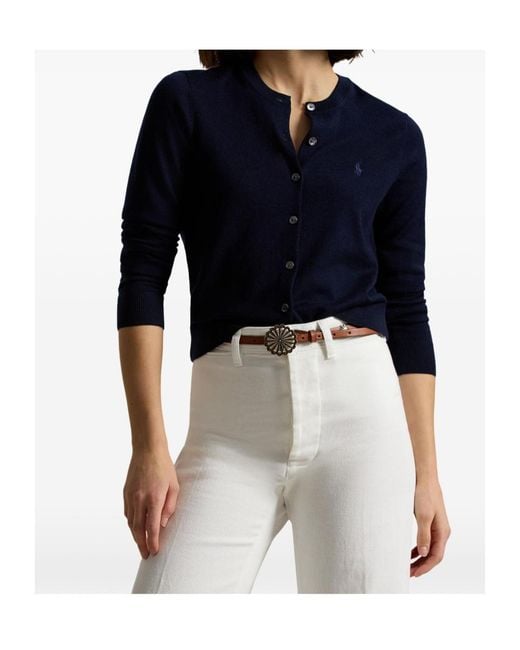 Polo Ralph Lauren Blue Crewneck Embroidered-Logo Wool Cardigan