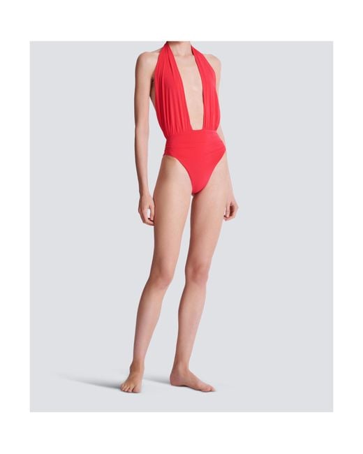 Balmain Red Plunge Halterneck Swimsuit