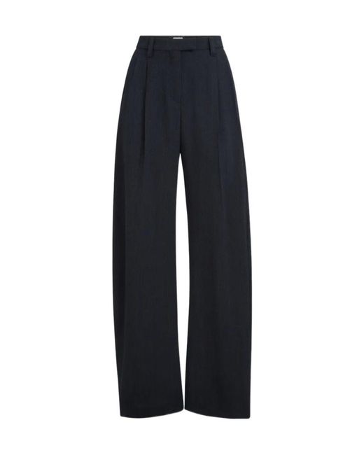 Brunello Cucinelli Blue Virgin Wool Crêpe Chevron Tailored Barrel Trousers With Monili