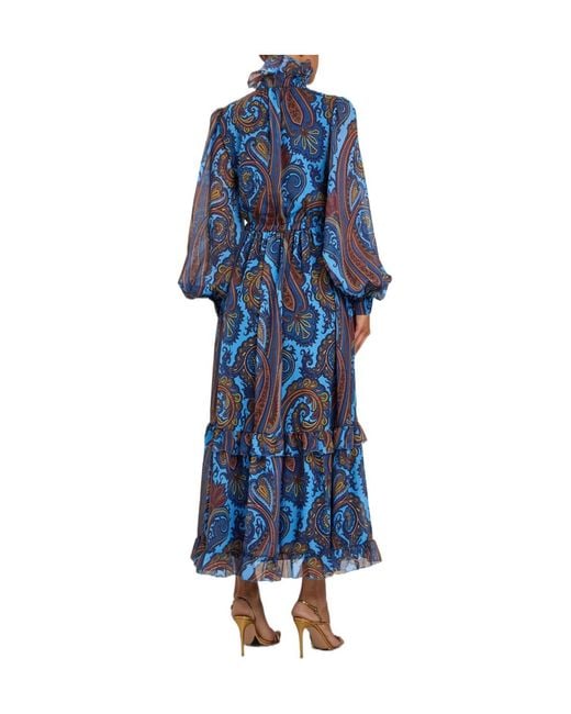 Etro Blue Print Ruffled Chiffon Maxi Dress