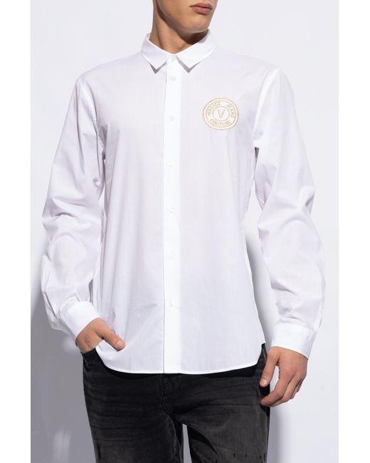 Versace Jeans White Couture Logo-Embroidered Button-Up Shirt for men