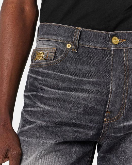 Versace Gray Logo-Patch Straight-Leg Jeans for men