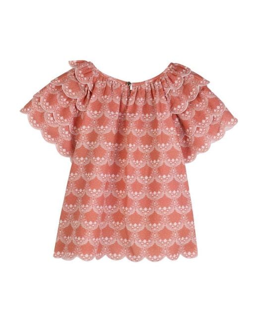 Chloé Red Scalloped Ruffled Top