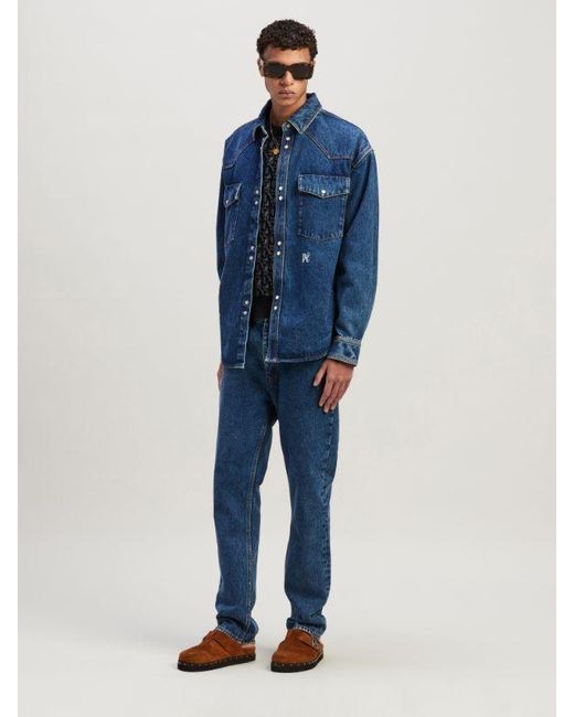 Palm Angels Blue Monogram Detailed Straight Leg Jeans for men