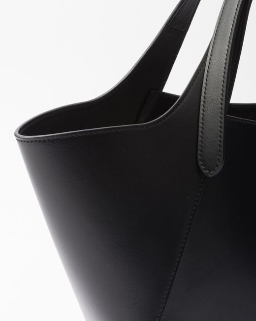 Prada Black Medium Enamel Triangle Logo Leather Tote Bag