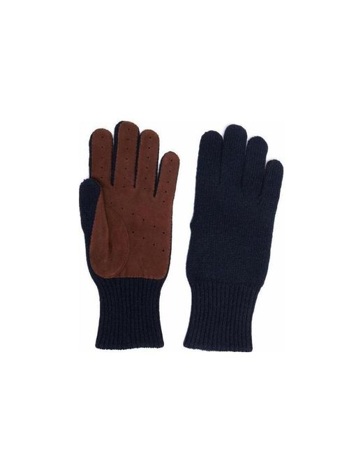 Brunello Cucinelli Blue Cashmere Knit Gloves With Suede Palm for men