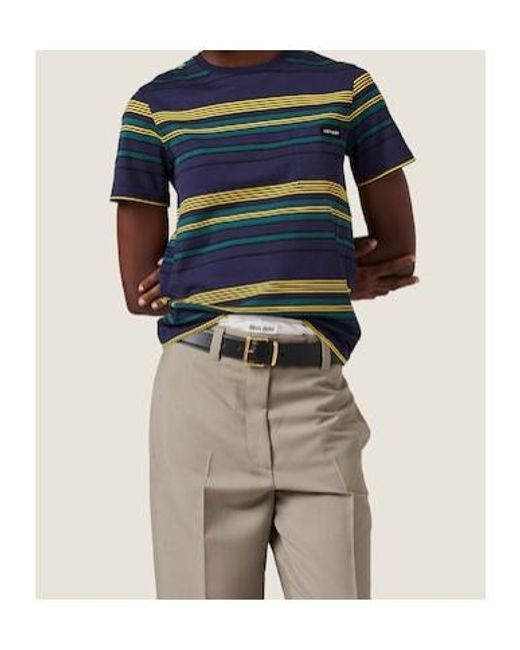 Miu Miu Blue Cotton T-Shirt With Striped Pattern