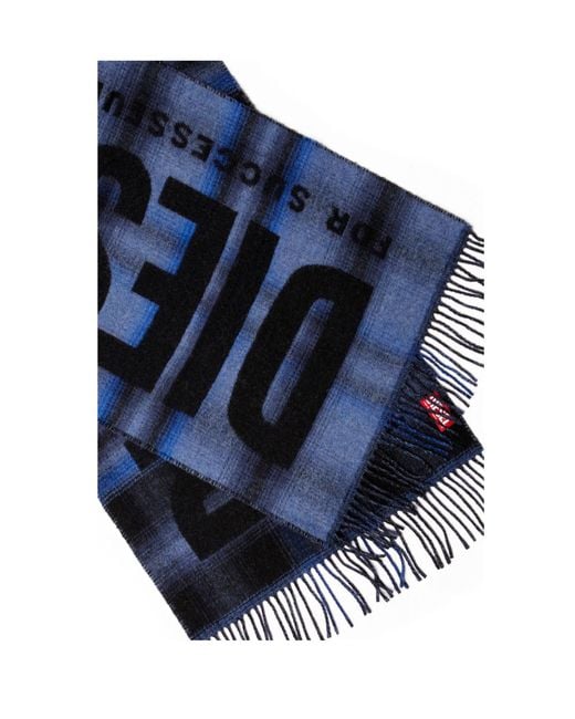 DIESEL Blue S-Check Jacquard Logo-Lettering Scarf for men