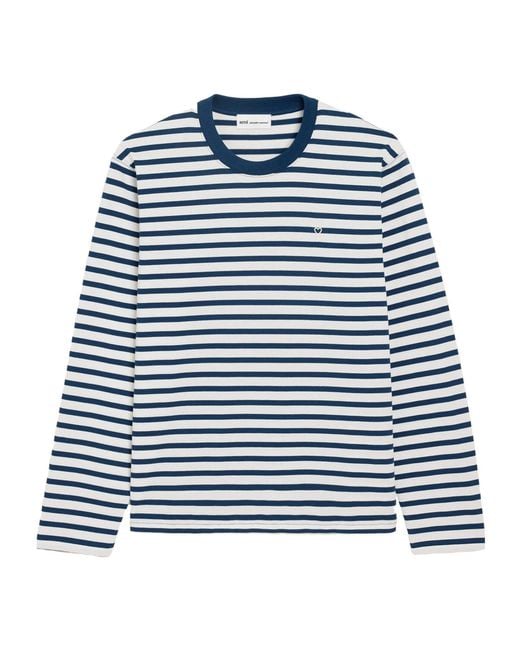 AMI Blue Long Sleeves Boxy Fit Mariniere Teeshirt With Ami De Coeur Patch for men