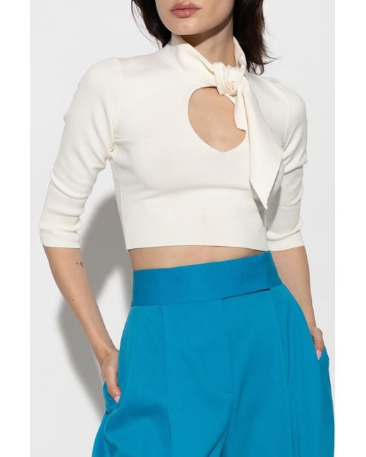 The Attico White The Pussybow Ribbed Cropped Top