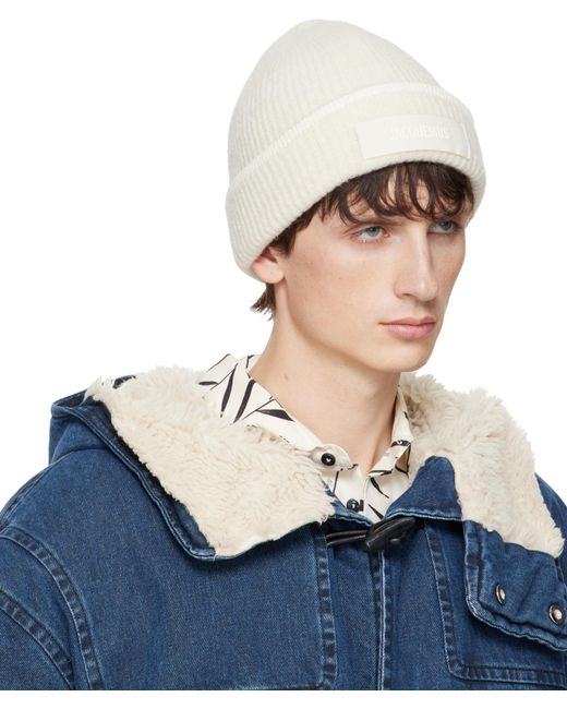 Jacquemus White 'Le Berret Gros Grain' Beanie With Logo Patch On The Front And Ribbed Knit for men