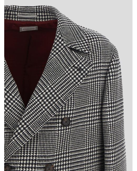 Brunello Cucinelli Gray Long-Sleeved Double-Breasted Checked Coat for men
