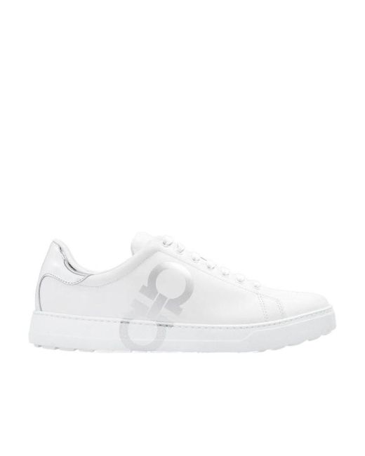 Ferragamo White Gancini-Print Lace-Up Sneakers for men
