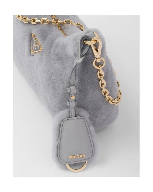 Prada Gray Logo Plaque Zipped Shoulder Bag