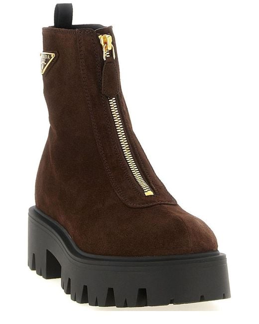 Prada Brown Triangle-Logo Zipped Boots
