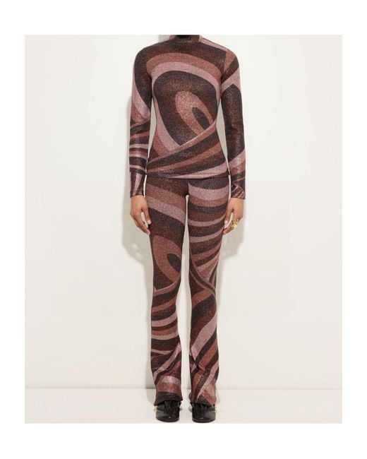 Emilio Pucci Brown Iride Print High-Neck Lurex Top