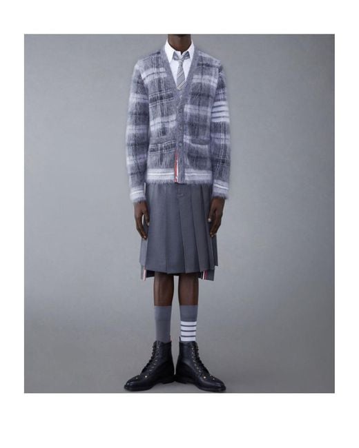 Thom Browne Blue Textured Tartan Pattern Cardigan for men