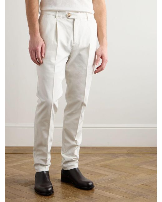 Brunello Cucinelli White Pleated Cotton Trousers for men
