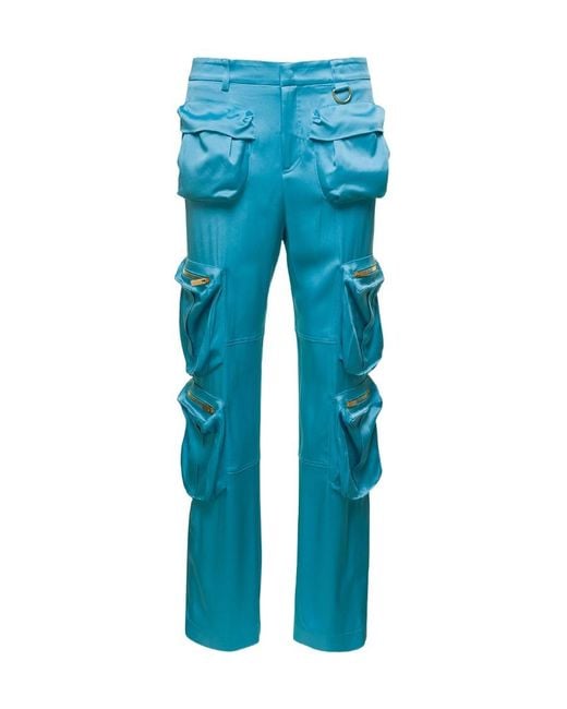 Blumarine Blue Straight Leg Satin Cargo Pants