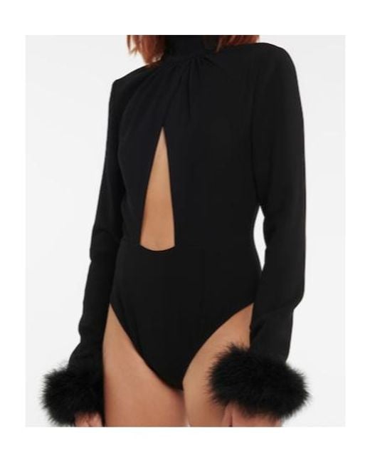 Magda Butrym Black Feather-Trimmed Cutout Bodysuit
