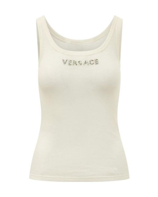 Versace Natural Embellished Ribbed Sleeveless Top