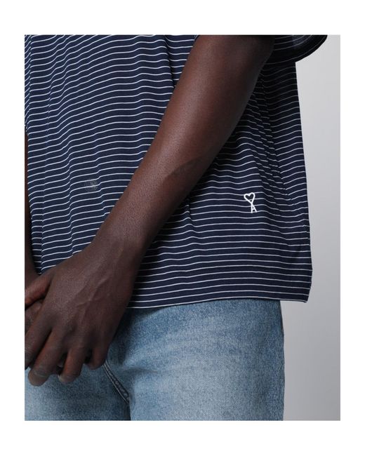 AMI Blue Ami De Coeur Striped Polo Shirt for men