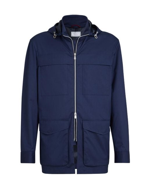 Brunello Cucinelli Blue Bonded Silk And Virgin Wool Safari Jacket With Detachable Hood for men
