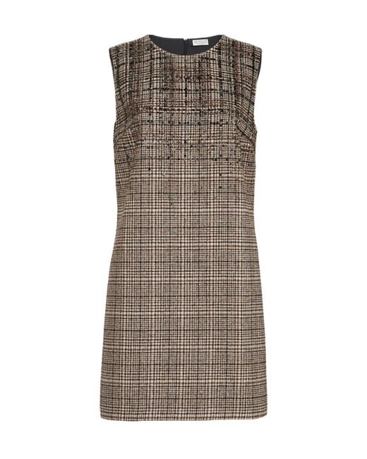 Brunello Cucinelli Brown Checked Alpaca And Wool Mini Dress With Dazzling Degradé-Embroidery