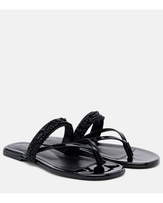 Dries Van Noten Black Embellished Patent Leather Flip-Flops